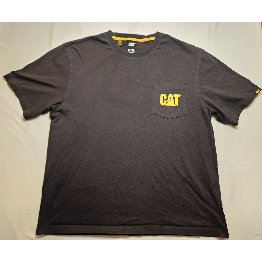Caterpillar Cat Logo Pocket Tee Men's T-Shirt XL Black Yellow Neck Tape - Picture 3 of 9